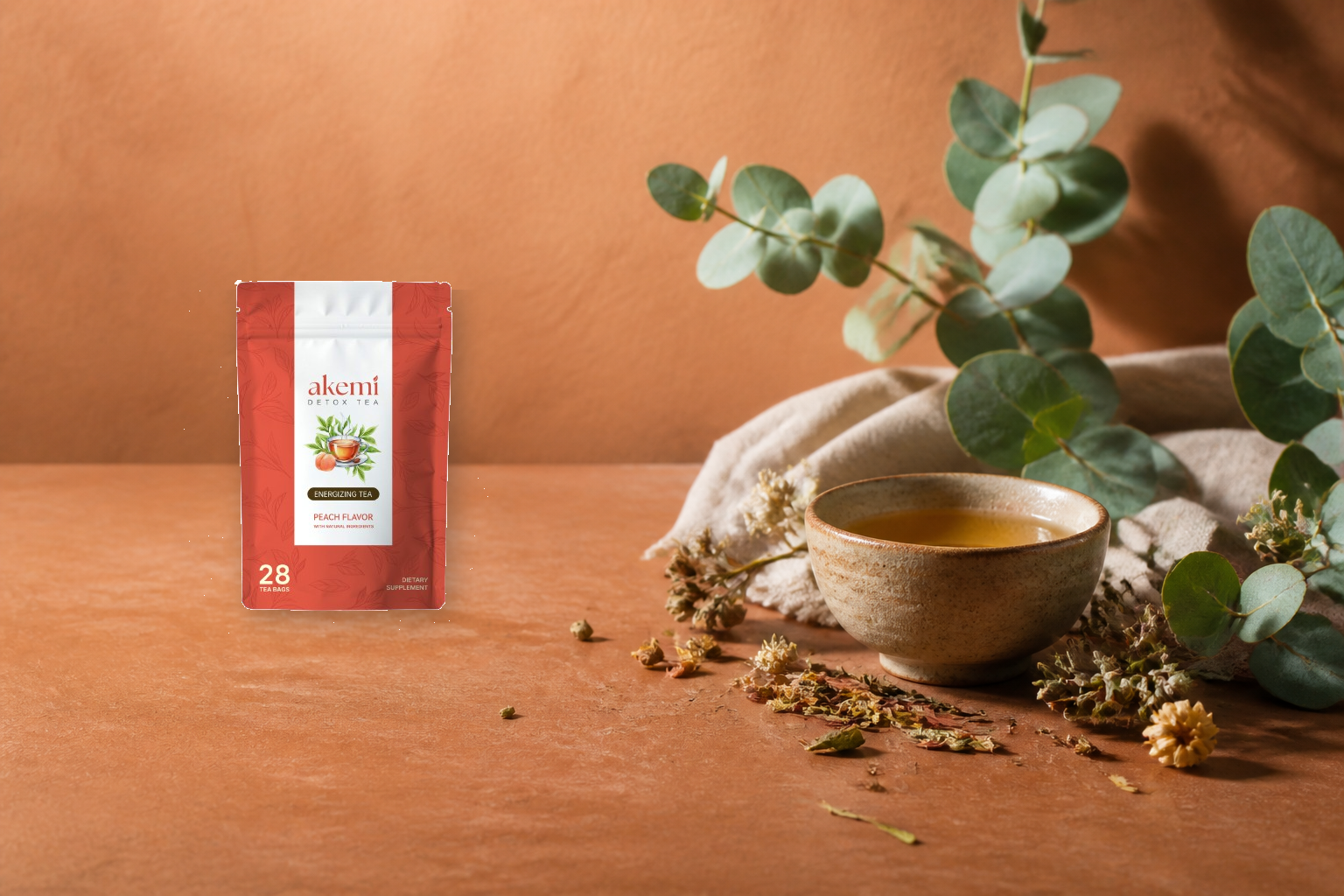 Akemi Detox Tea pouch beside a prepared cup of tea