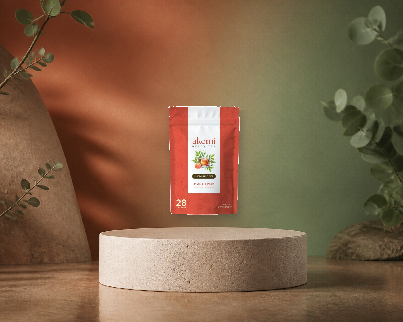 Front view of the complete Akemi Detox Tea 28-bag pouch on a studio plinth